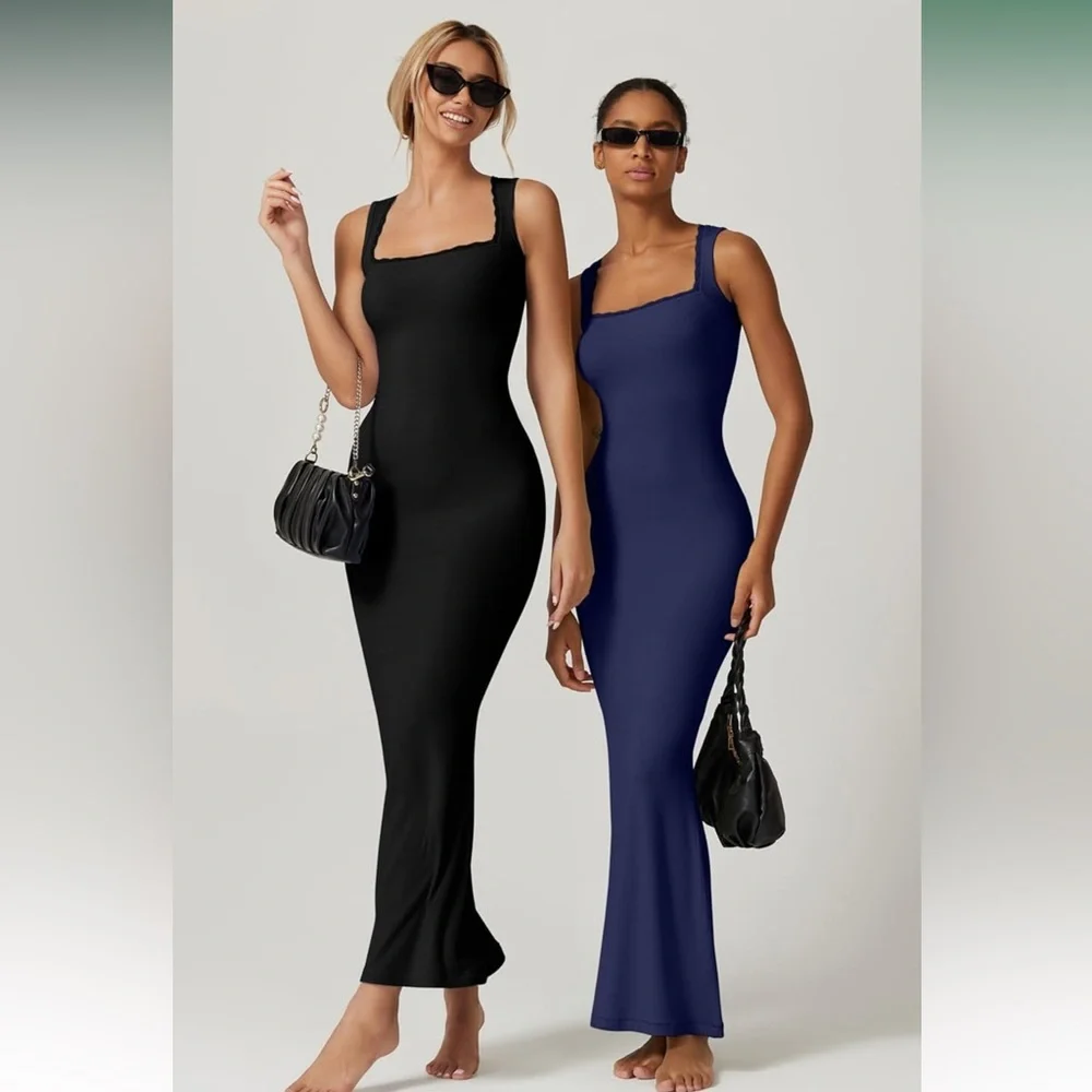 Women's Square Neck Long Maxi Dress Sleeveless Lounge Ribbed Full Length NWT M - Picture 6 of 6